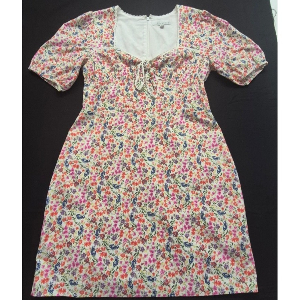Adelyn Rae Katrina Tie Front floral print mini dress LG puffy sleeve lined